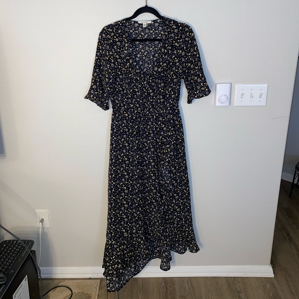 High-Low Black Floral Wrap Dress With Ruffles